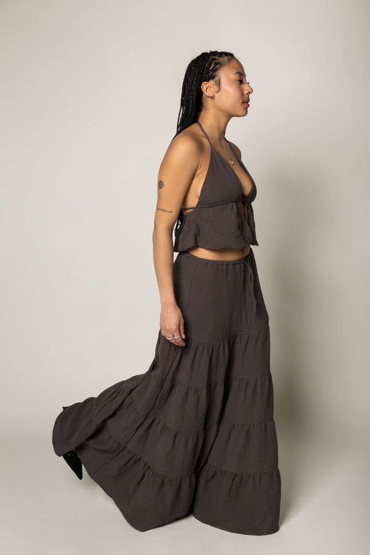 Jupe maxi coton texturé - Olive noir