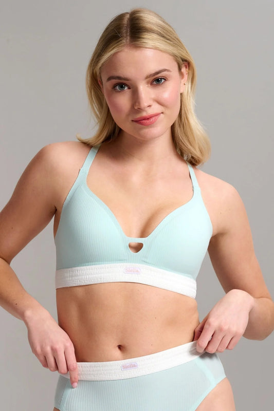 Soutien-gorge à encolure en V et bonnets coussinés en coton biologique côtelé - Aqua Mist